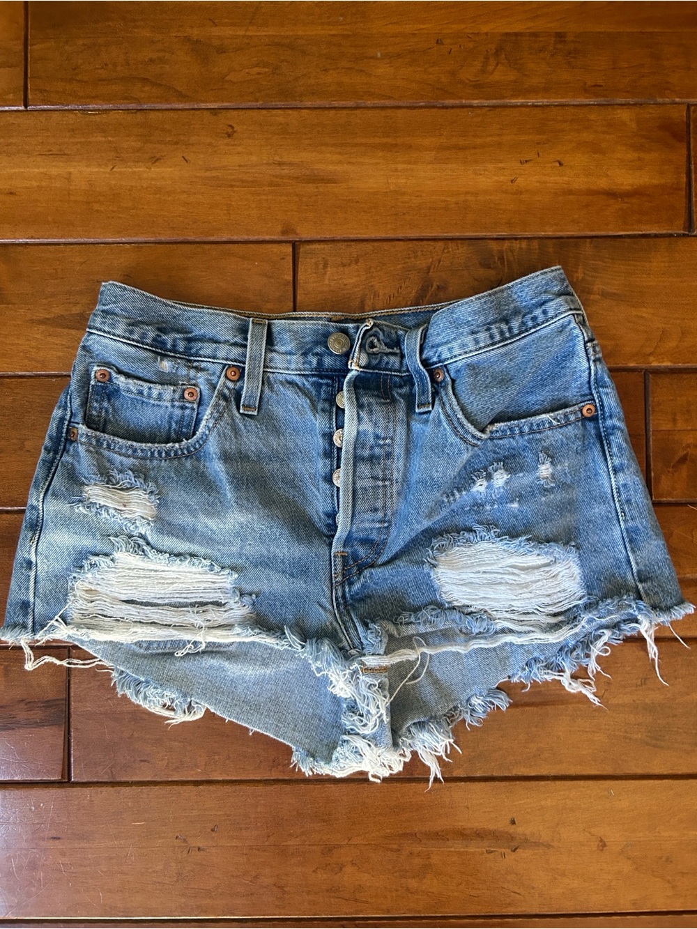 Levi's Distressed Light Blue High-Rise Denim Shorts
